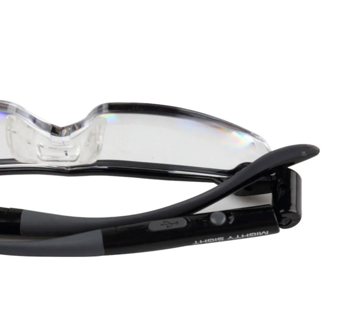 Transparent black USB LED reading glasses with built-in light on the frame.