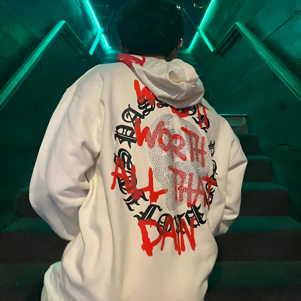 Black loose hooded sweatshirt with white skull and letter print decorated with silver rhinestones.