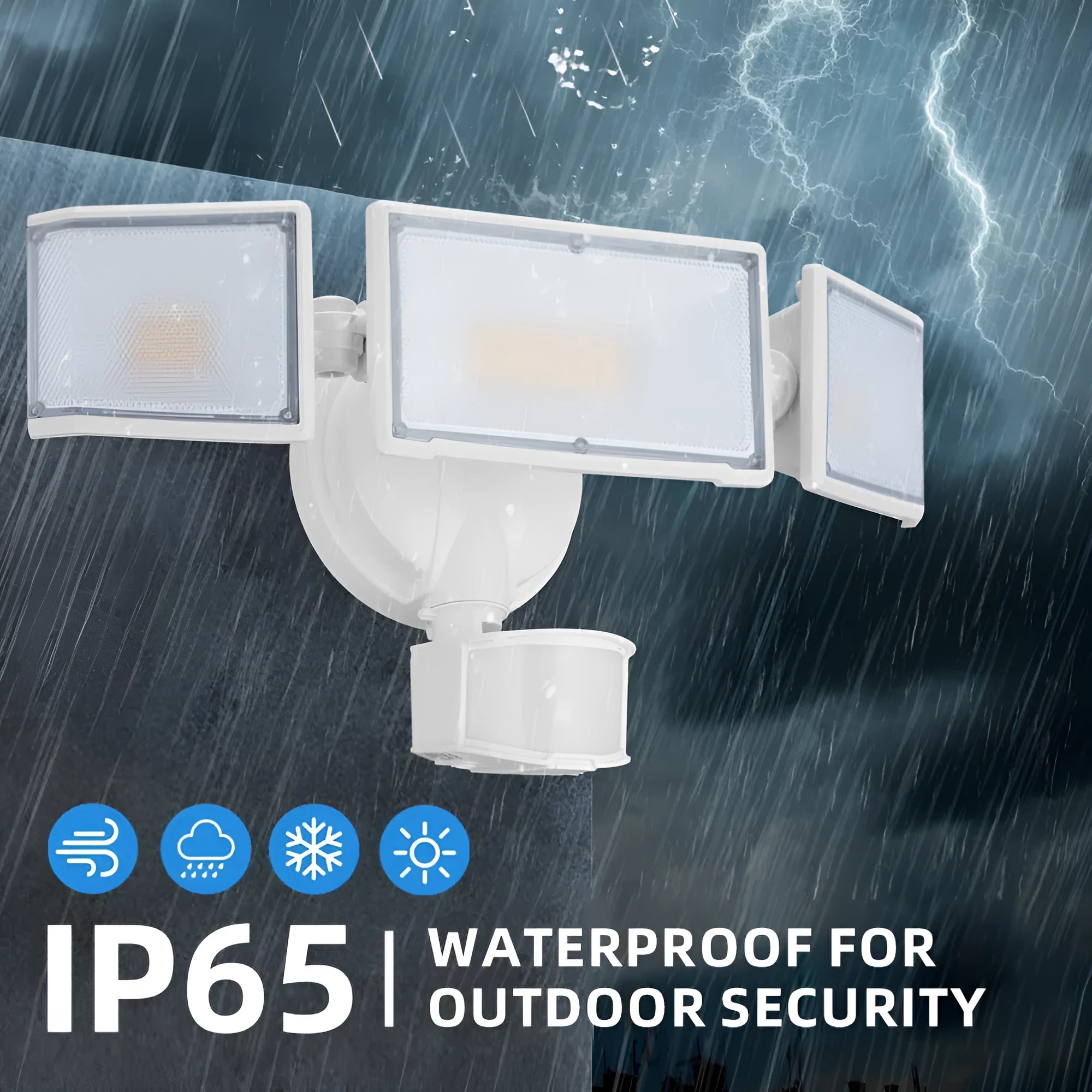 White or black LED motion sensor flood light with 120V input for outdoor security lighting