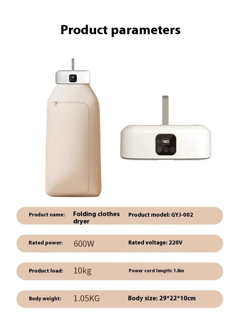 White cylindrical foldable portable clothes dryer with remote control on wooden surface