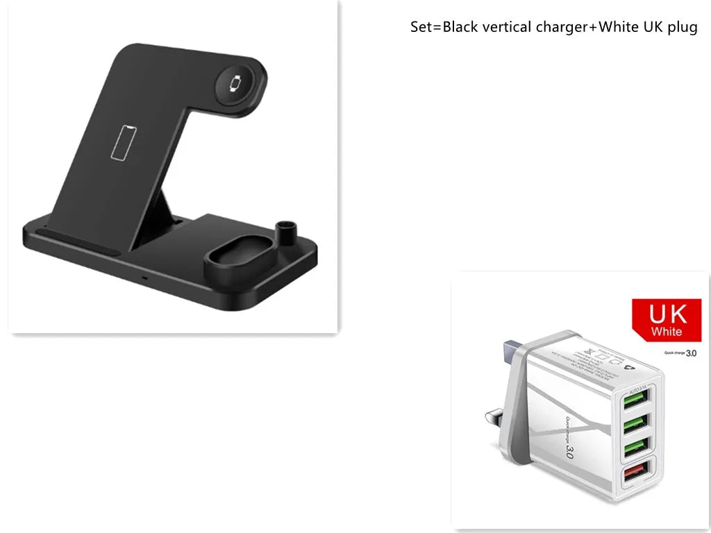 4-in-1 adjustable wireless charging station showing phone, watch, earbuds and pencil charging on a desk.