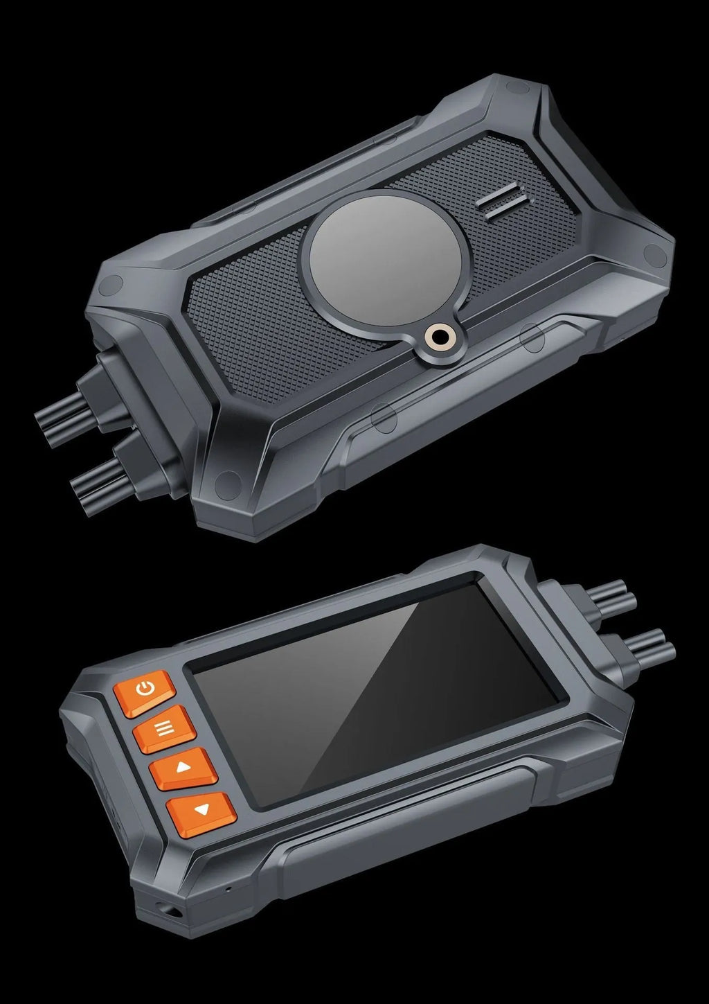 Motorcycle dual lens dash cam recorder with 3 inch display, front and rear cameras, and GPS module