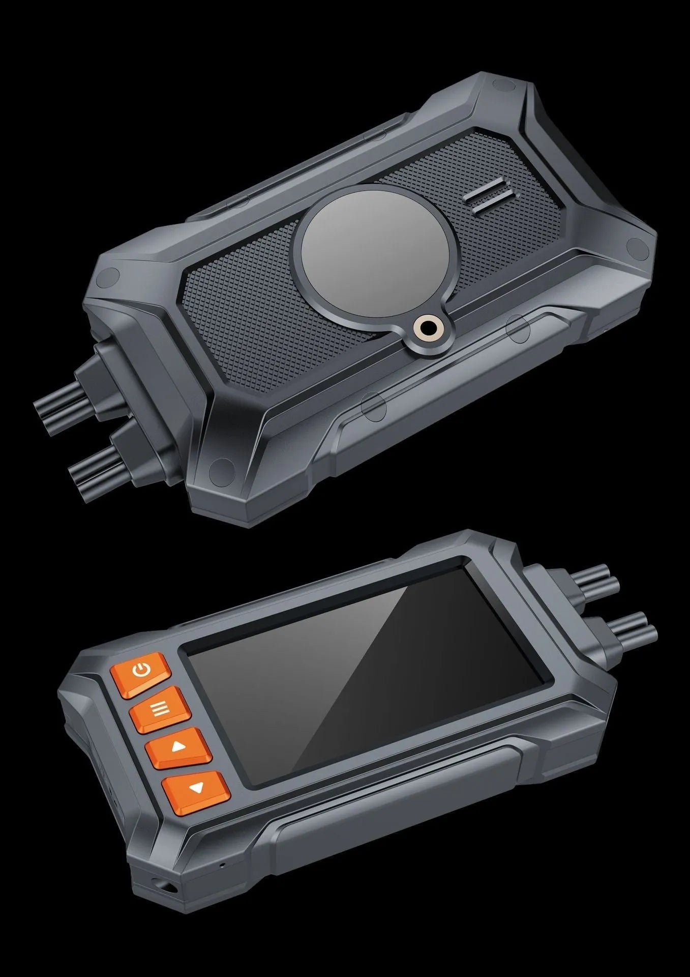 Motorcycle dual lens dash cam recorder with 3 inch display, front and rear cameras, and GPS module