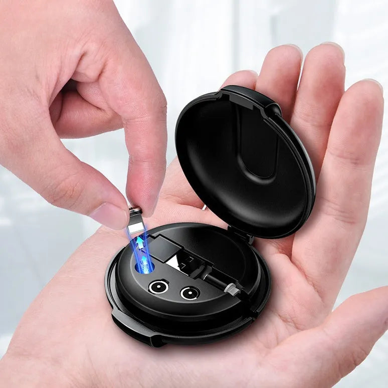 Black 3-in-1 magnetic retractable car phone charger with three plug heads and magnetic patch