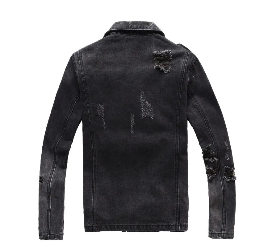 Black slim fit linen denim jacket with zipper front, zipper pockets, and lapel collar on a person