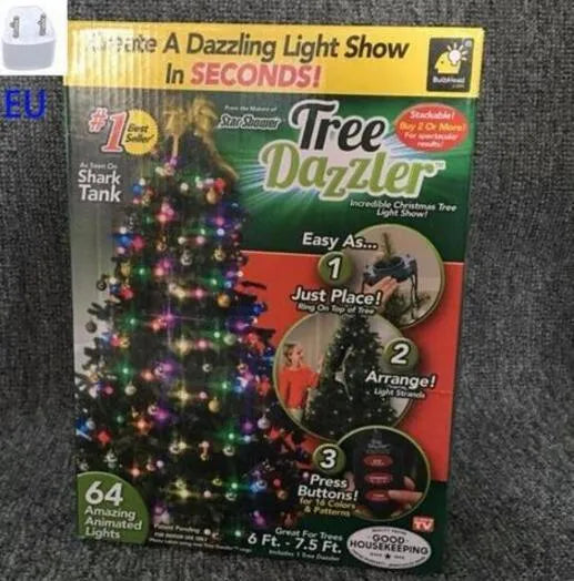 64 LED Christmas tree light string stretched out showing its 1.8 metre length and button control for dimming and colours.