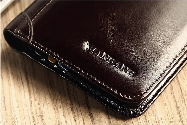 Men's black leather wallet open to show photo window, card slots, coin pocket and banknote folder.