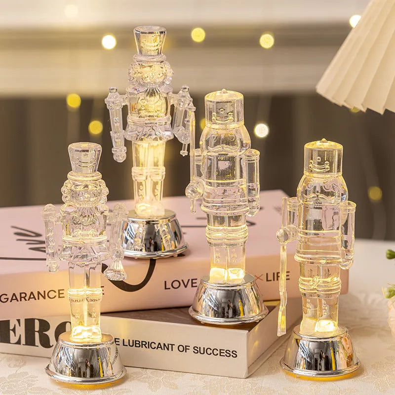 Transparent plastic walnut soldier Christmas ornament nutcracker decoration on desktop.