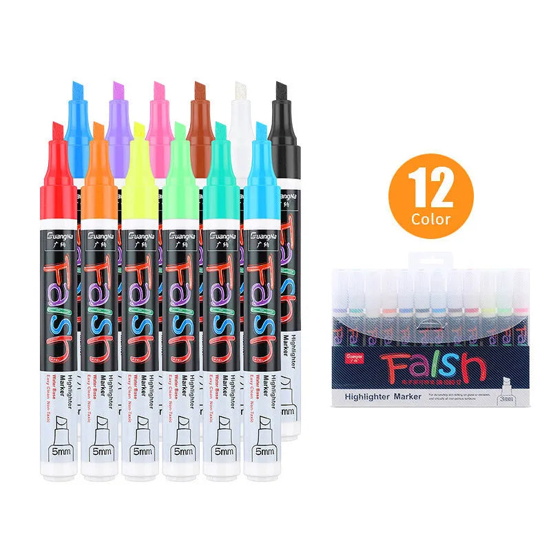 Electronic fluorescent board highlighter with oblique plastic body and 6mm tip, shown with multi-colour refills.