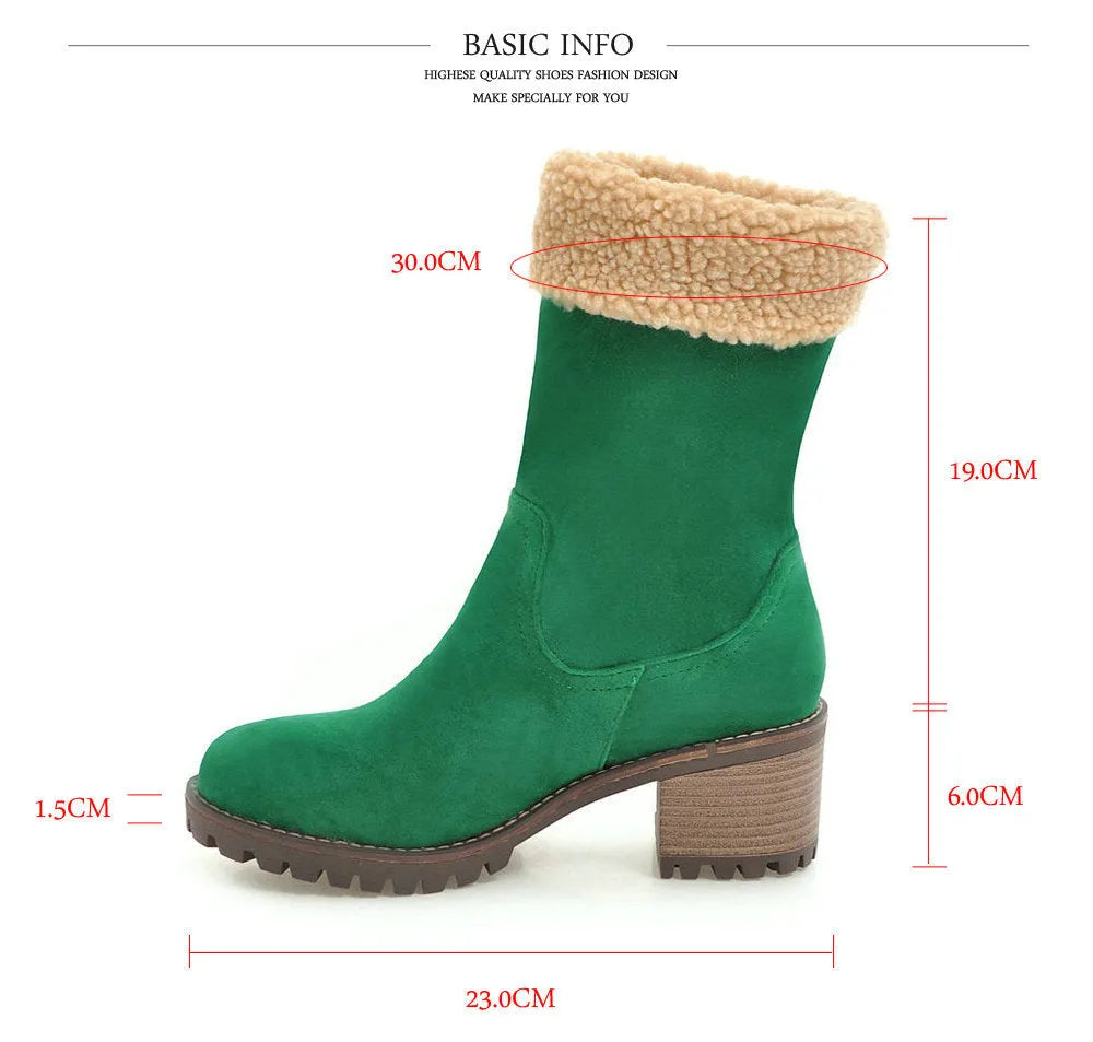 Snow boots with a rubber sole and plush lining, shown in black, grey, green, and orange.