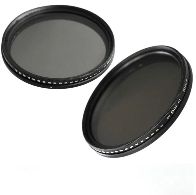 Set of neutral density camera lens filters in ND2, ND4, ND8, and ND400 with various thread sizes from 37mm to 95mm.