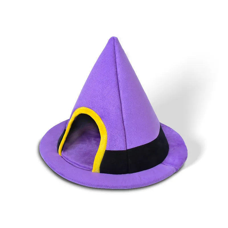 Purple witch hat shaped soft cloth cat bed for indoor use, measuring 60cm by 45cm.