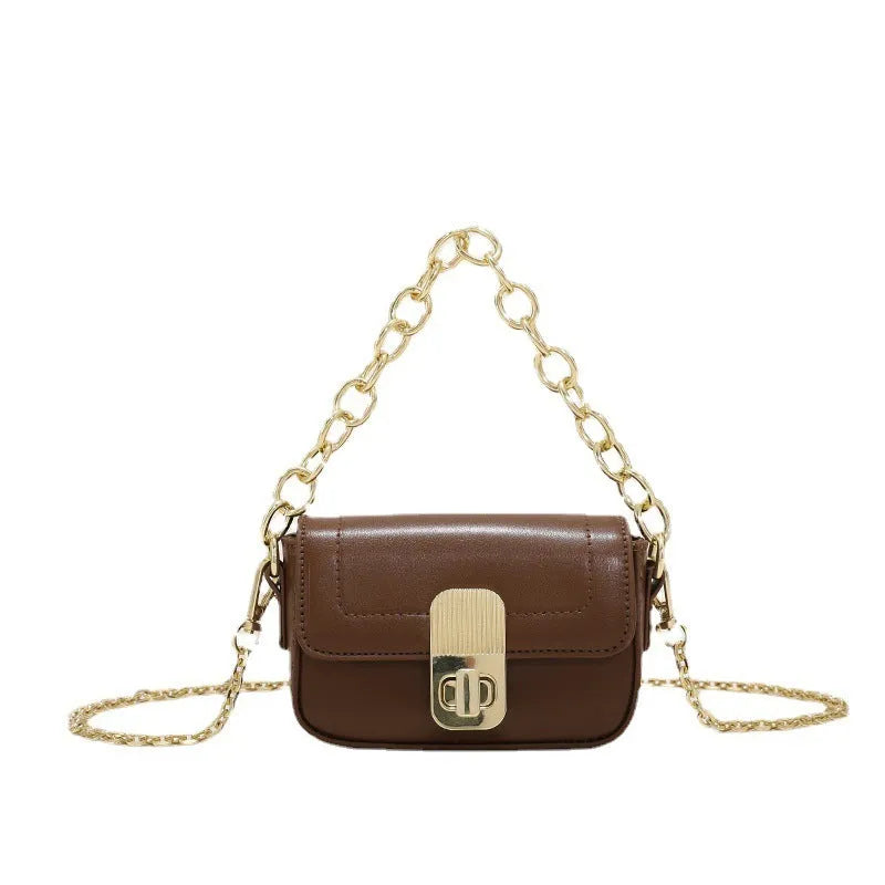 PU chain shoulder messenger phone bag in black, horizontal square shape with soft handle and crossbody strap