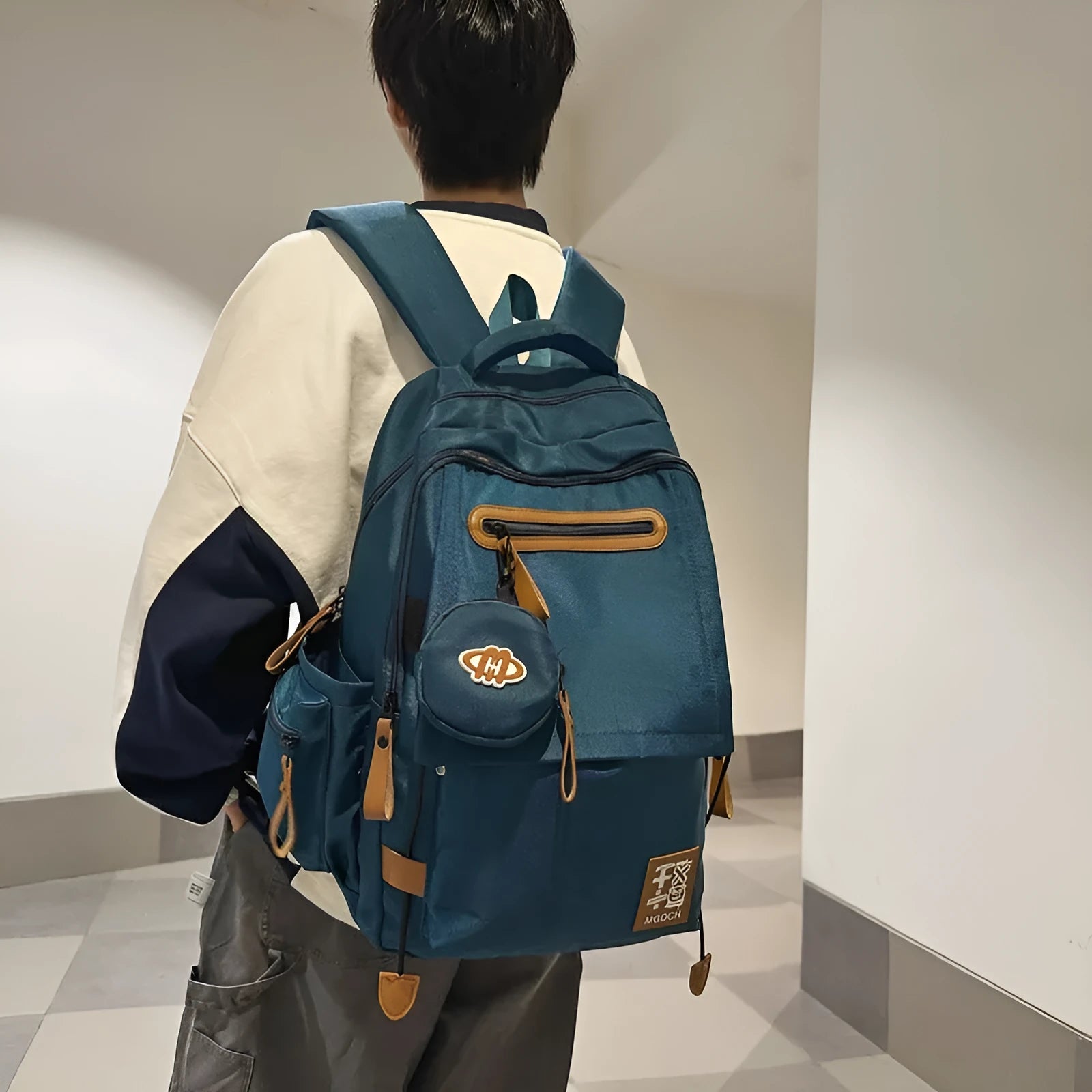 Large nylon school backpack for middle school students in street trend style