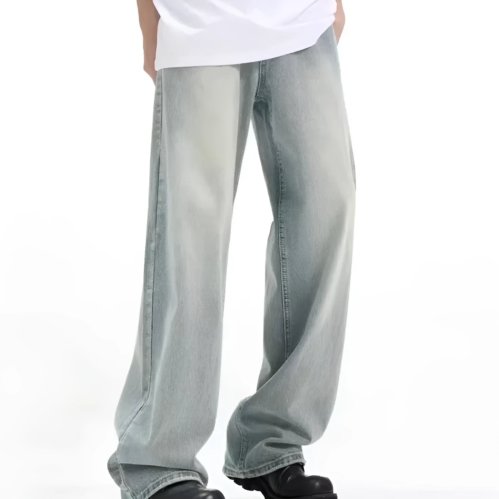 Blue loose-fit retro casual trousers made from rabbit fur, shown in a relaxed pose.