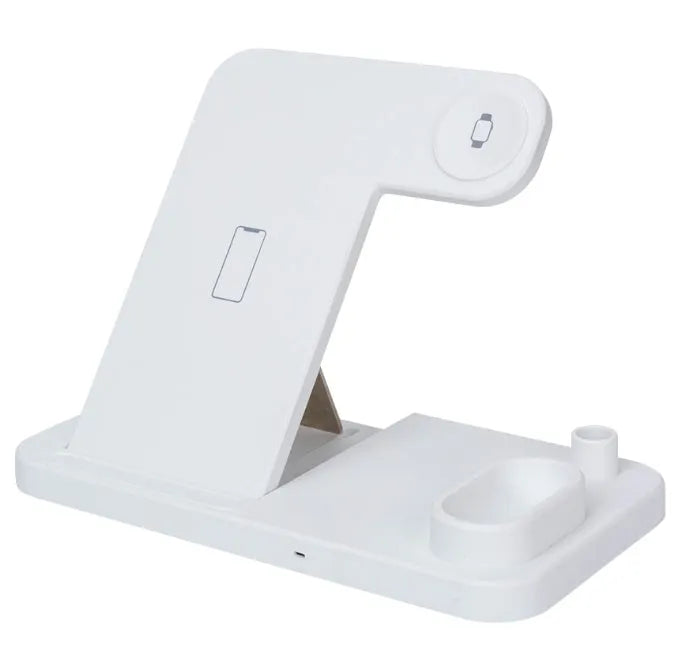 4-in-1 adjustable wireless charging station showing phone, watch, earbuds and pencil charging on a desk.