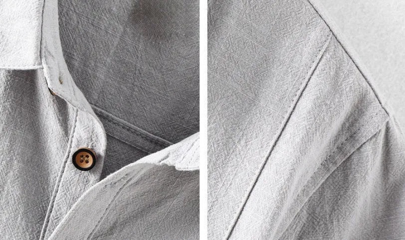 Men's loose fit button-up shirt in linen blend fabric, shown in milky white, navy blue, light grey, and sky blue.