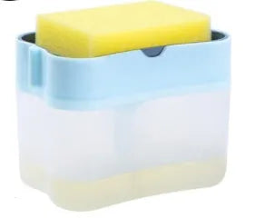 Plastic kitchen soap dispenser in choice of black, grey, pink, or silver colours on a countertop.
