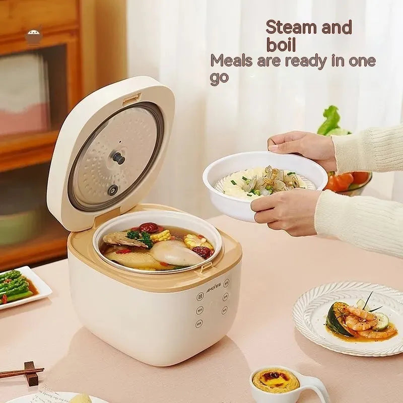White intelligent rice cooker with black crystal inner pot and accessories