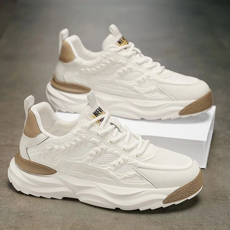 Men's white and black breathable mesh leisure shoes with round toe design