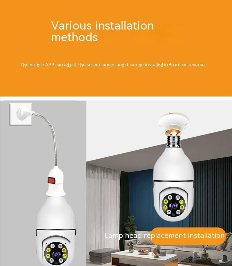 Wireless wifi security bulb camera with plastic and metal construction for indoor and outdoor 1080p monitoring.