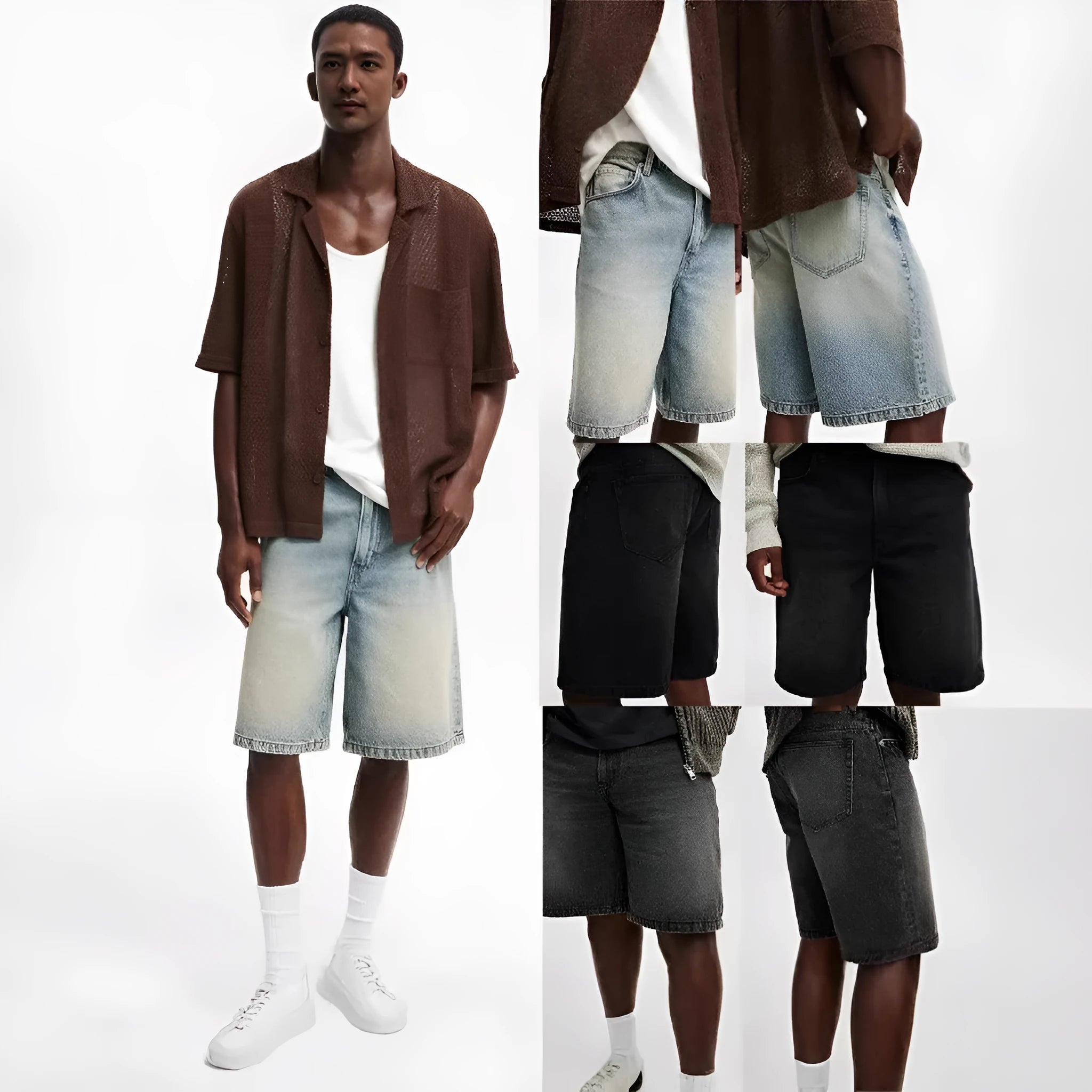 Men's loose fit light blue straight leg cotton jeans on a hanger.