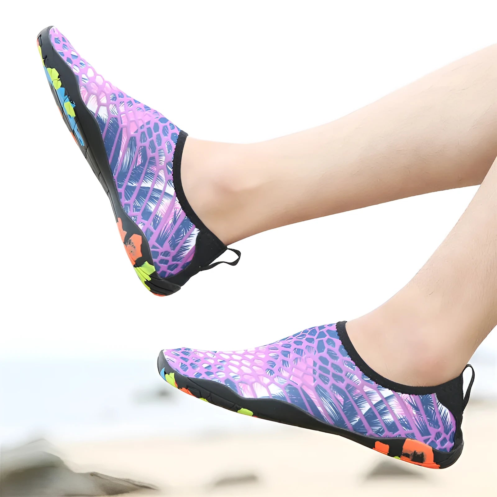 A pair of blue quick-dry beach wading shoes with Lycra uppers and EVA midsoles for water sports.