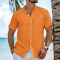 Men's light blue linen-blend cardigan shirt with Henry collar and short sleeves on hanger