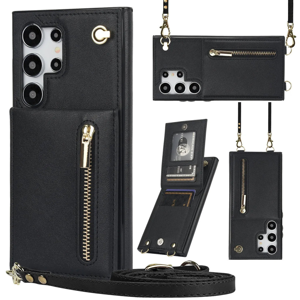 Samsung phone case with card slot and kickstand in black PU leather