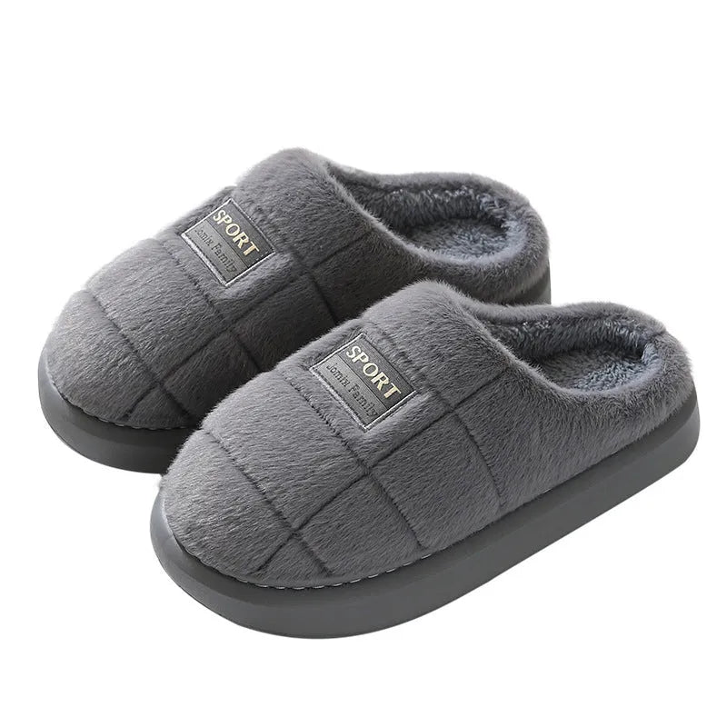 Men's plaid rabbit hair slippers with toe holder design and grey artificial wool lining