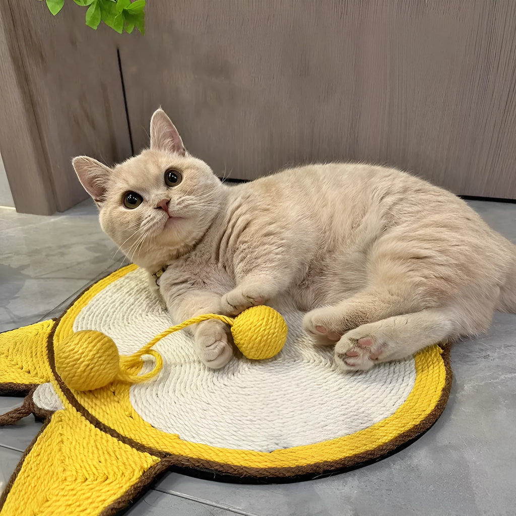 Yellow Corgi design cat scratcher pad with natural sisal surface on anti-slip base