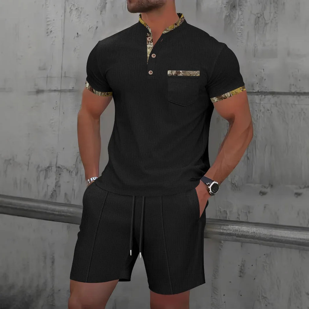 Men's grey waffle-texture zip-front polo collar top and shorts summer suit set.