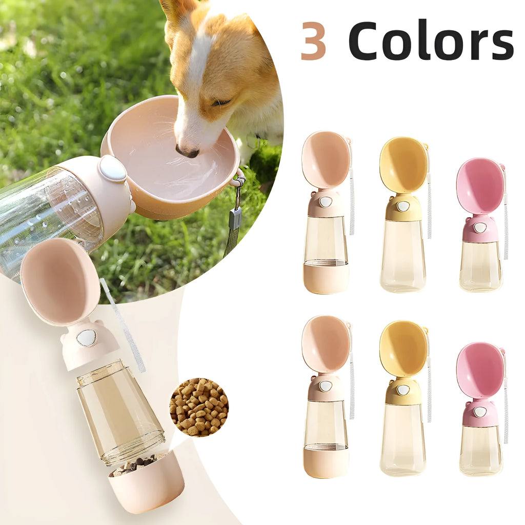 Portable dog water bottle with integrated drinking bowl in yellow, pink or brown colours