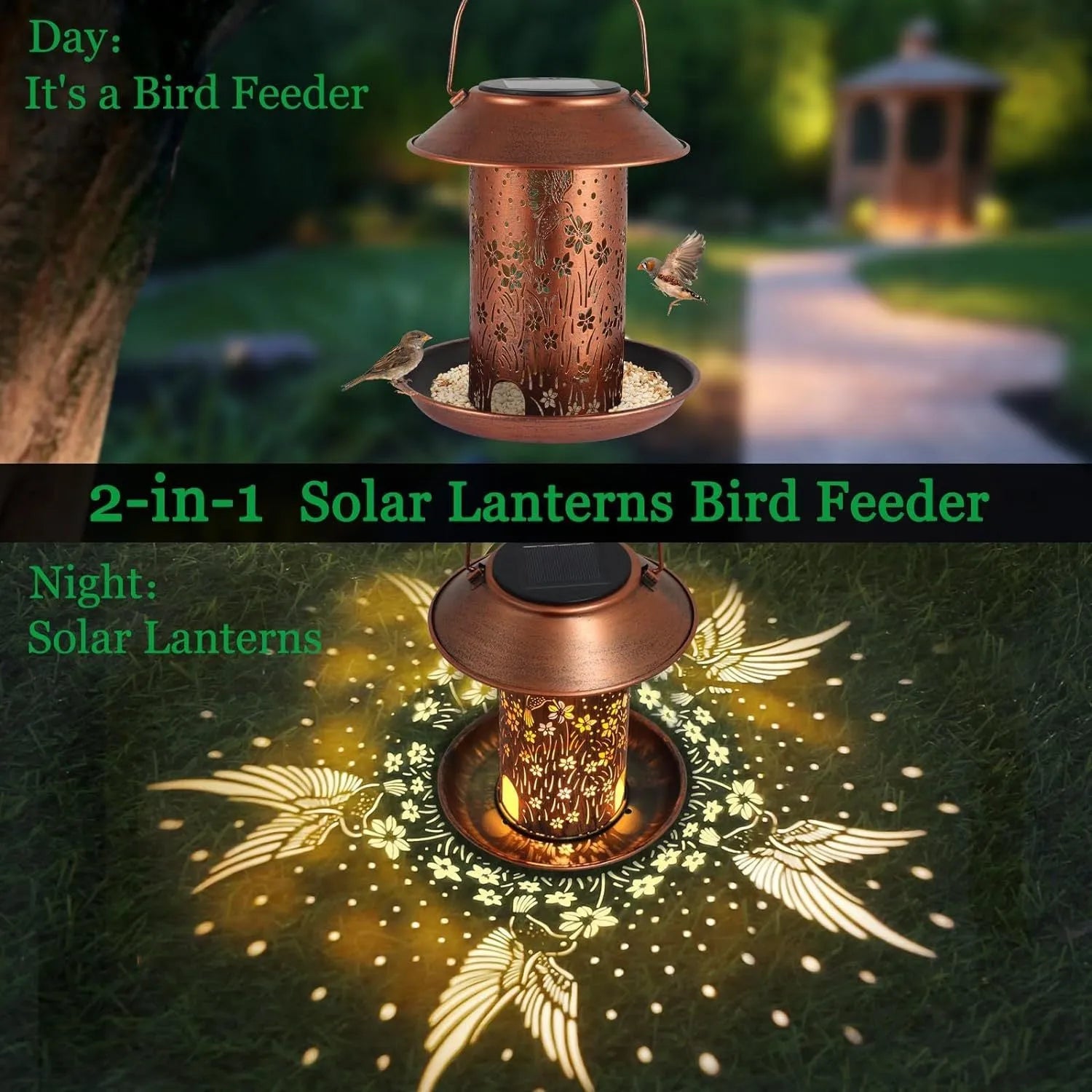 Solar-powered iron art bird feeder with hummingbird pattern and integrated LED light for gardens