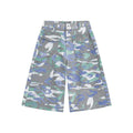 Camouflage pattern cotton cropped cargo trousers on a hanger, showing straight leg and pocket detail.