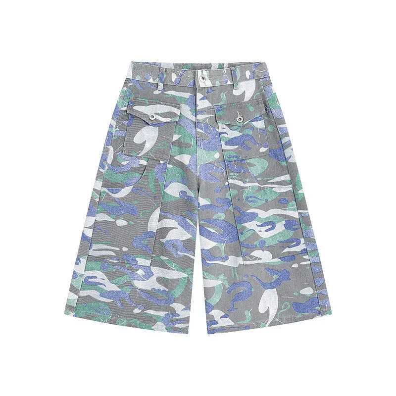 Camouflage pattern cotton cropped cargo trousers on a hanger, showing straight leg and pocket detail.