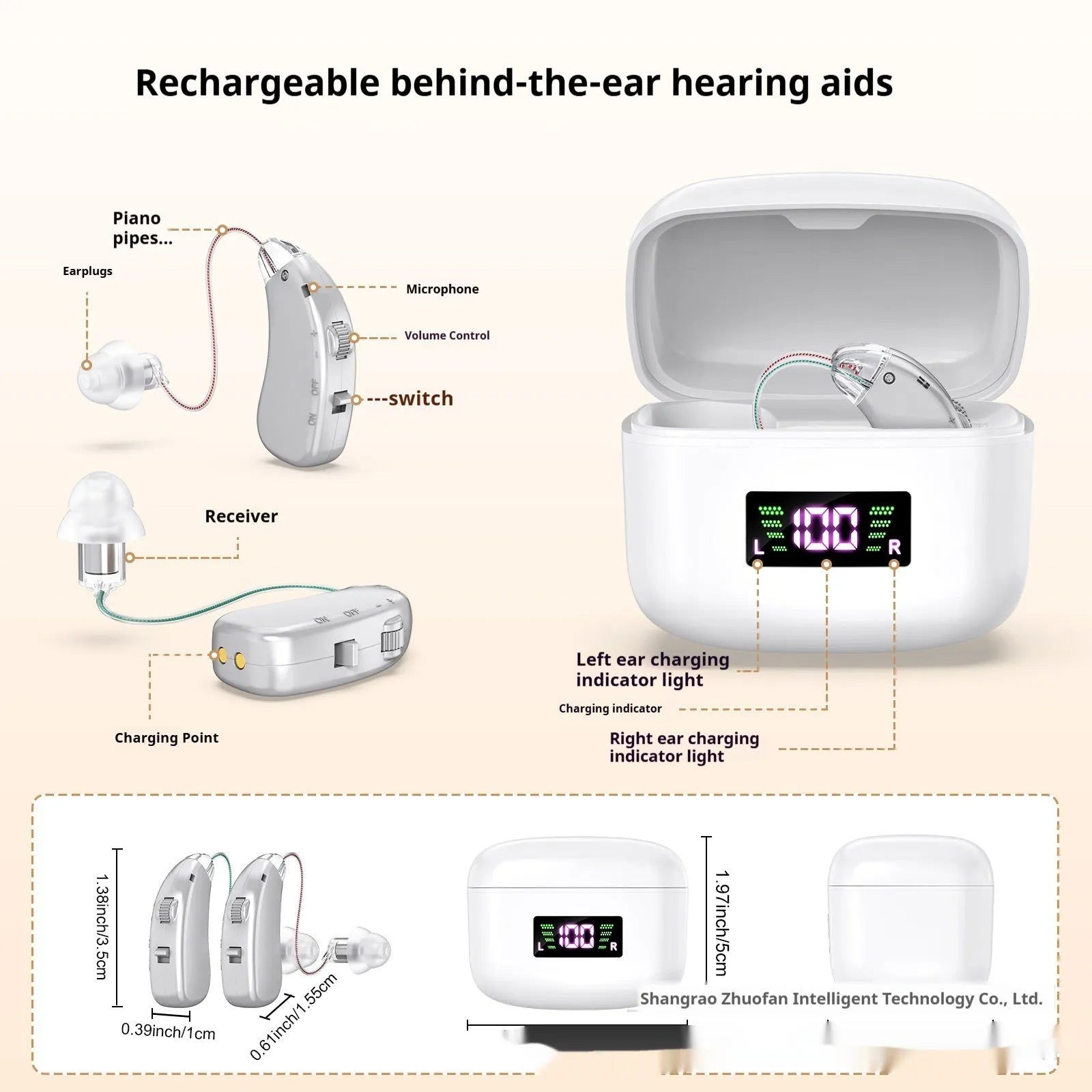 Silver USB rechargeable hearing aid for elderly with noise reduction