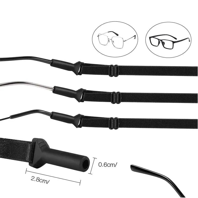 Black adjustable glasses cord with silicone ends and fibre rope for securing spectacles