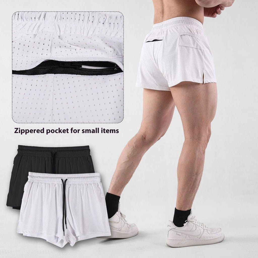 Men's black quick-drying nylon sports shorts on a summer background