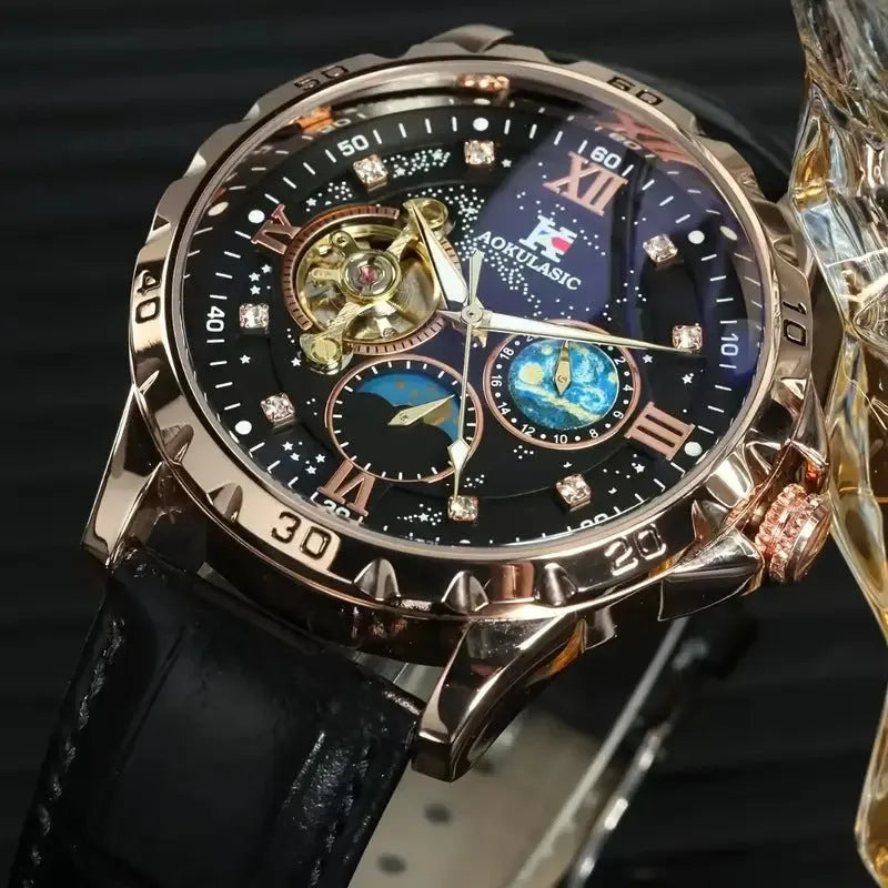 Men's black and rose gold automatic skeleton watch on leather strap.
