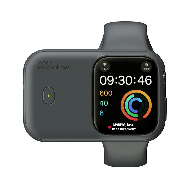 Apple Watch portable wireless power bank charging case with silicone sleeve in brown colour.