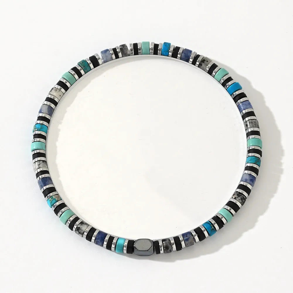 Hand-woven bohemian bracelet with cylindrical semi-precious stone beads in geometric arrangement