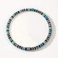 Hand-woven bohemian bracelet with cylindrical semi-precious stone beads in geometric arrangement