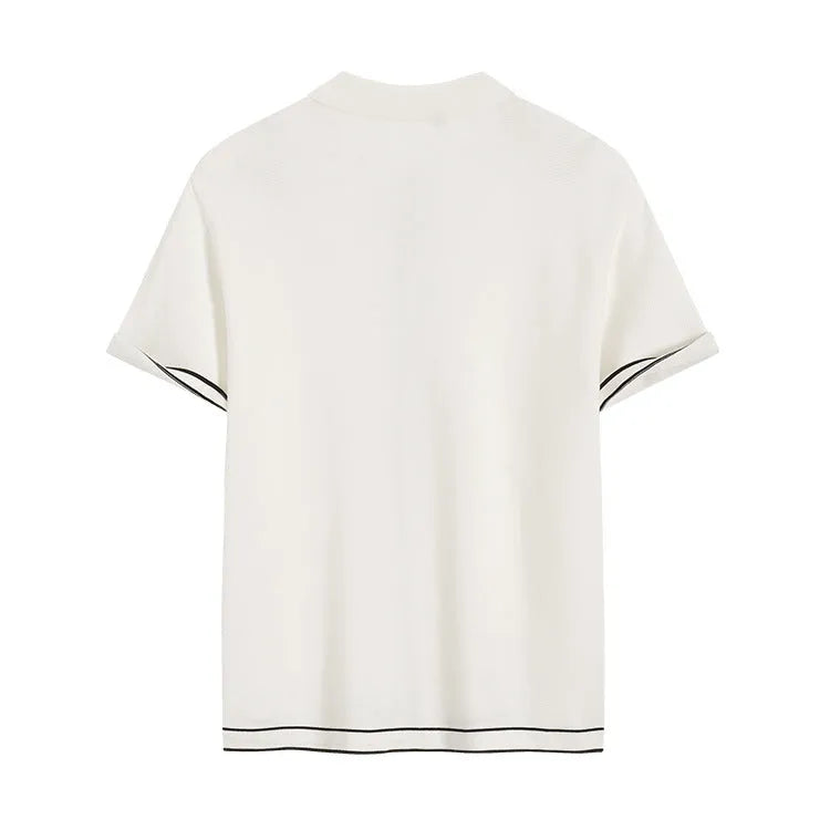 White short sleeve cardigan with contrasting lapels in Old Money style.