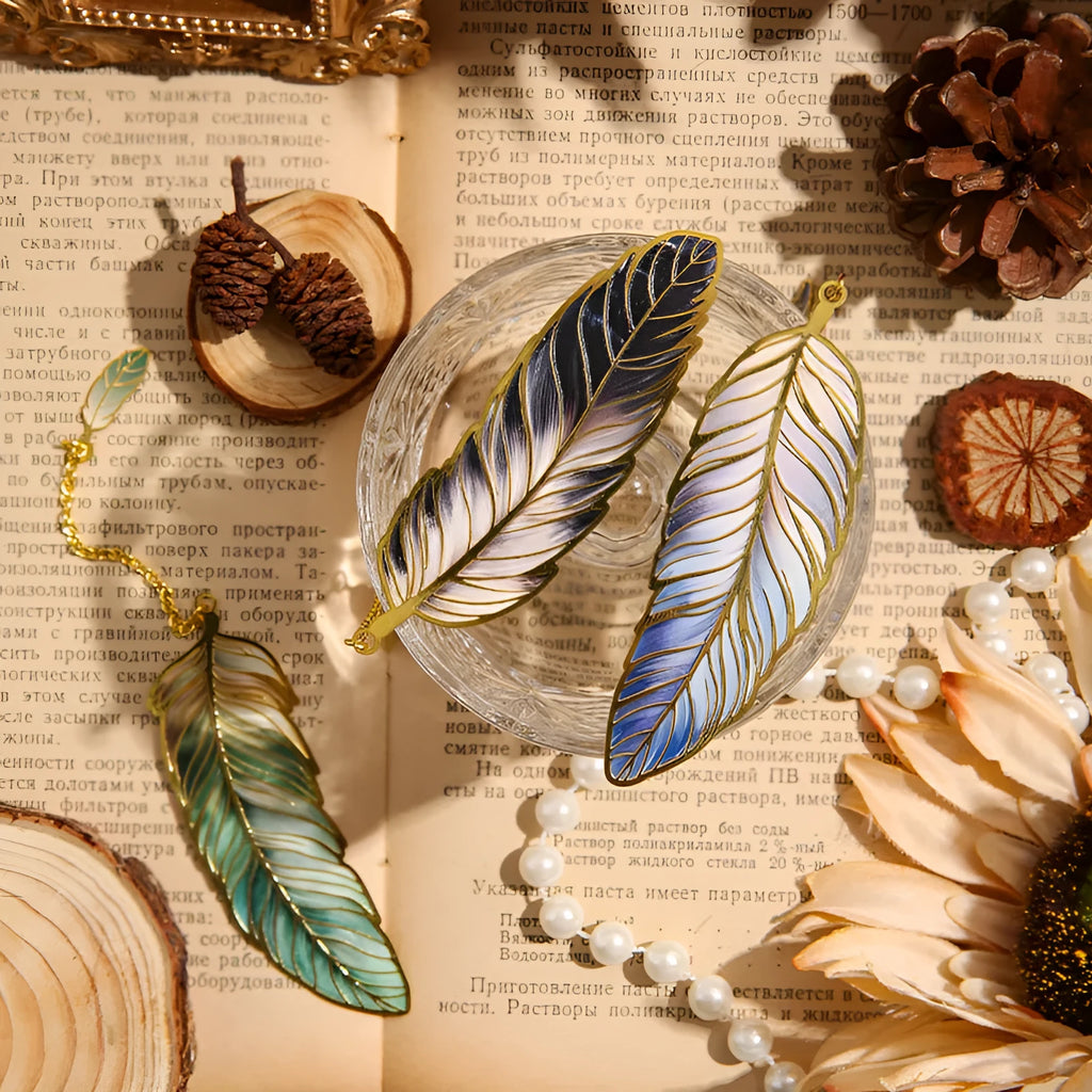 Metal feather bookmark in classical Chinese style with available colours including Aurora, Dark Night, Mist, and Stars