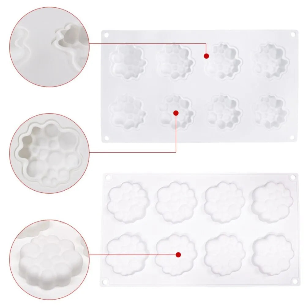 Round silicone baking mould with eight raised bubble cavities for tower cakes.