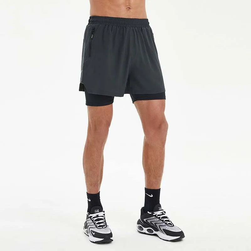 Men's double-layer sports shorts in black, dark grey, or light blue with quick-drying lining and high elastic waist