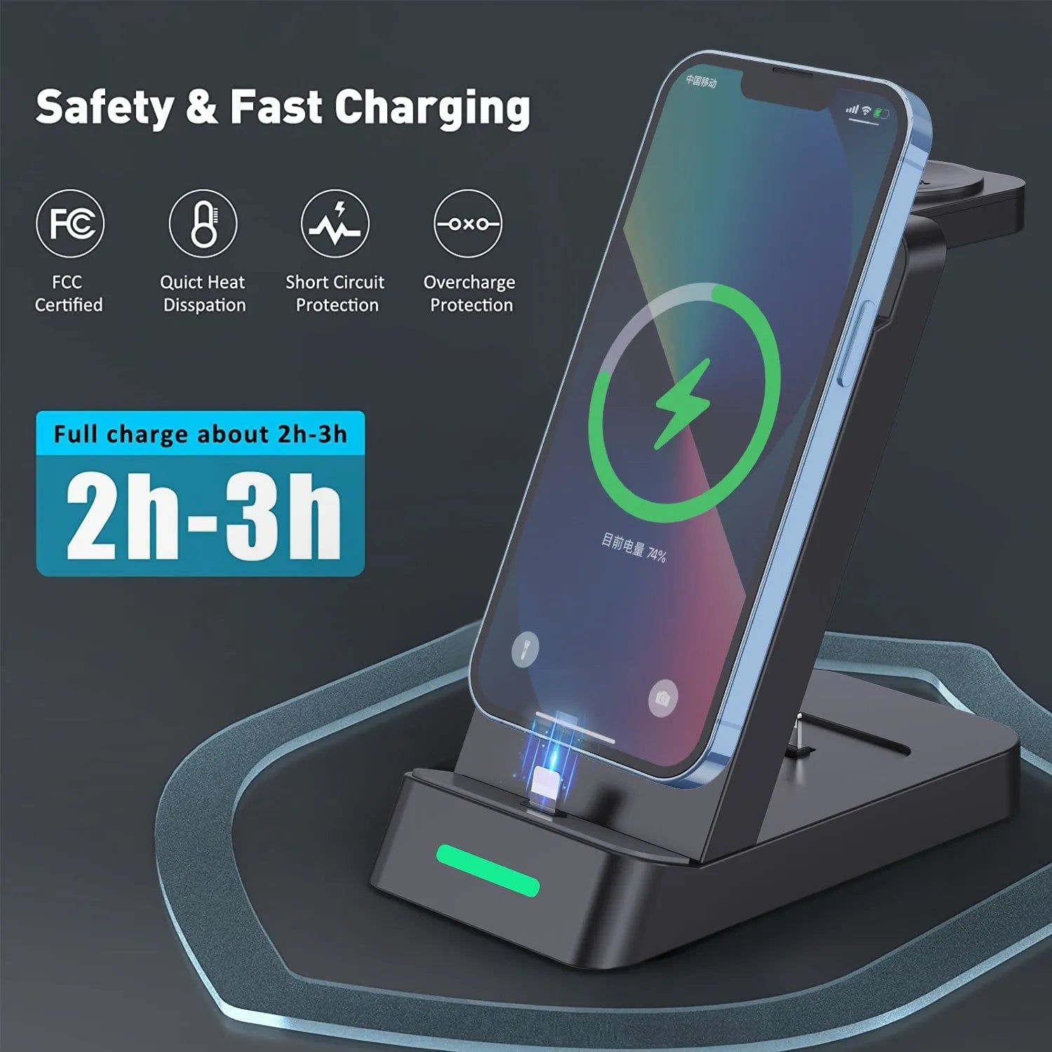 Black three-in-one wireless charging station with phone in stand, AirPods and watch charging simultaneously