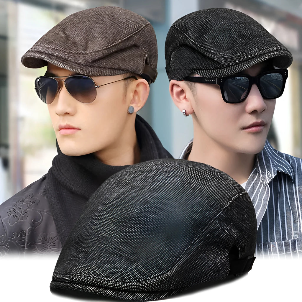 Men's adjustable beret in cotton-linen blend showing dome crown style in solid colour options