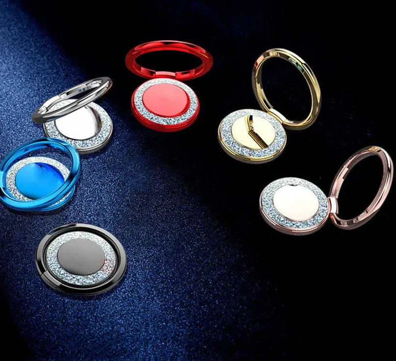 Bling glitter plating metal phone ring holder showing 360-degree rotation on a smartphone.